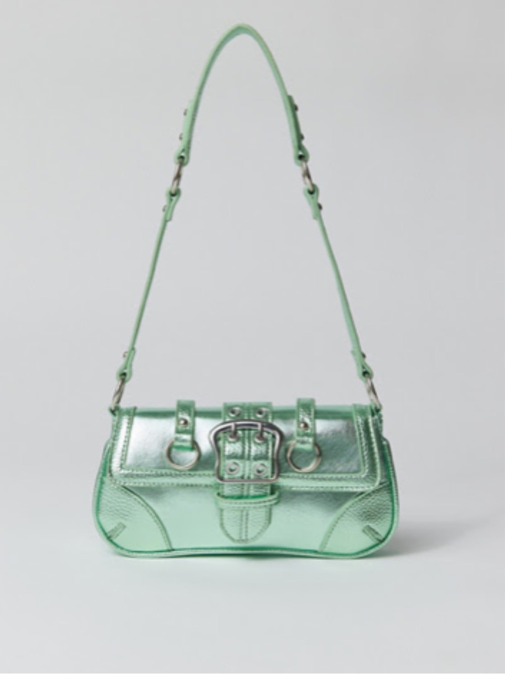 Metallic Mint Shoulder Bag with Buckle Detail